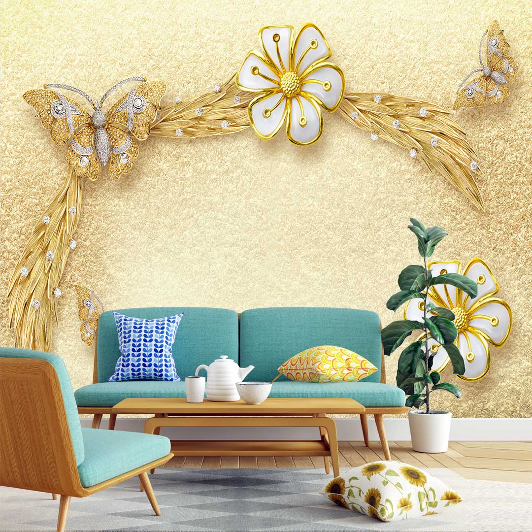 پوستر دیواری گل سه بعدی زمینه زرد t4898