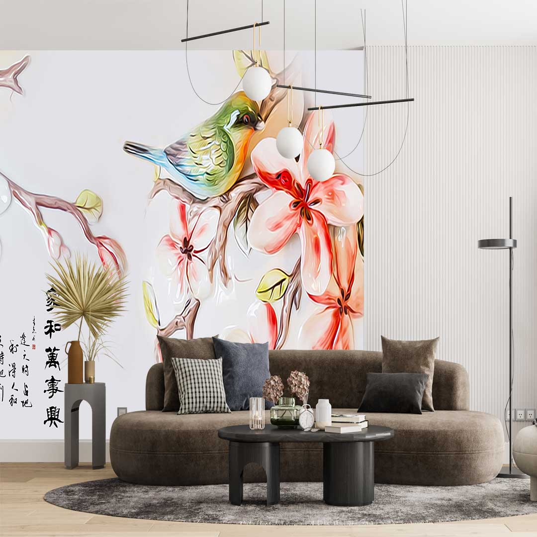 پوستر دیواری طبیعت نقاشی گل و پرنده t4055