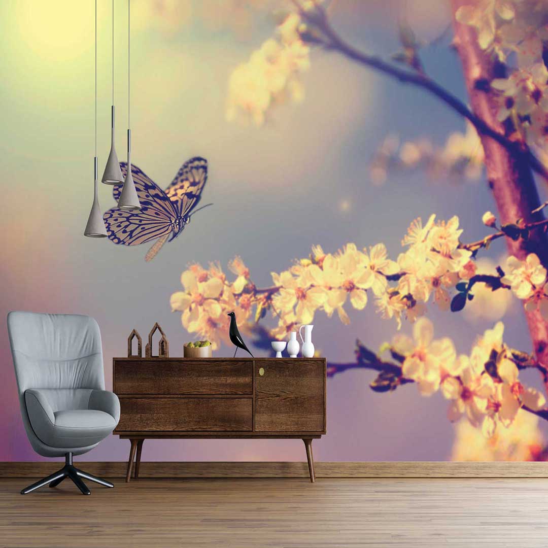 پوستر دیواری طبیعت شکوفه و پروانه mt83610