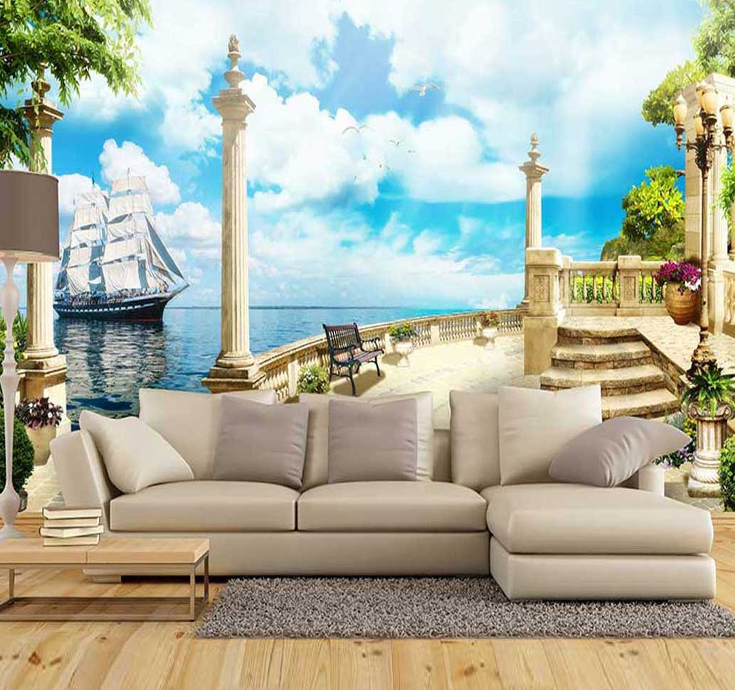کاغذ دیواری منظره بهاری عمارت ساحلی کد n-7327