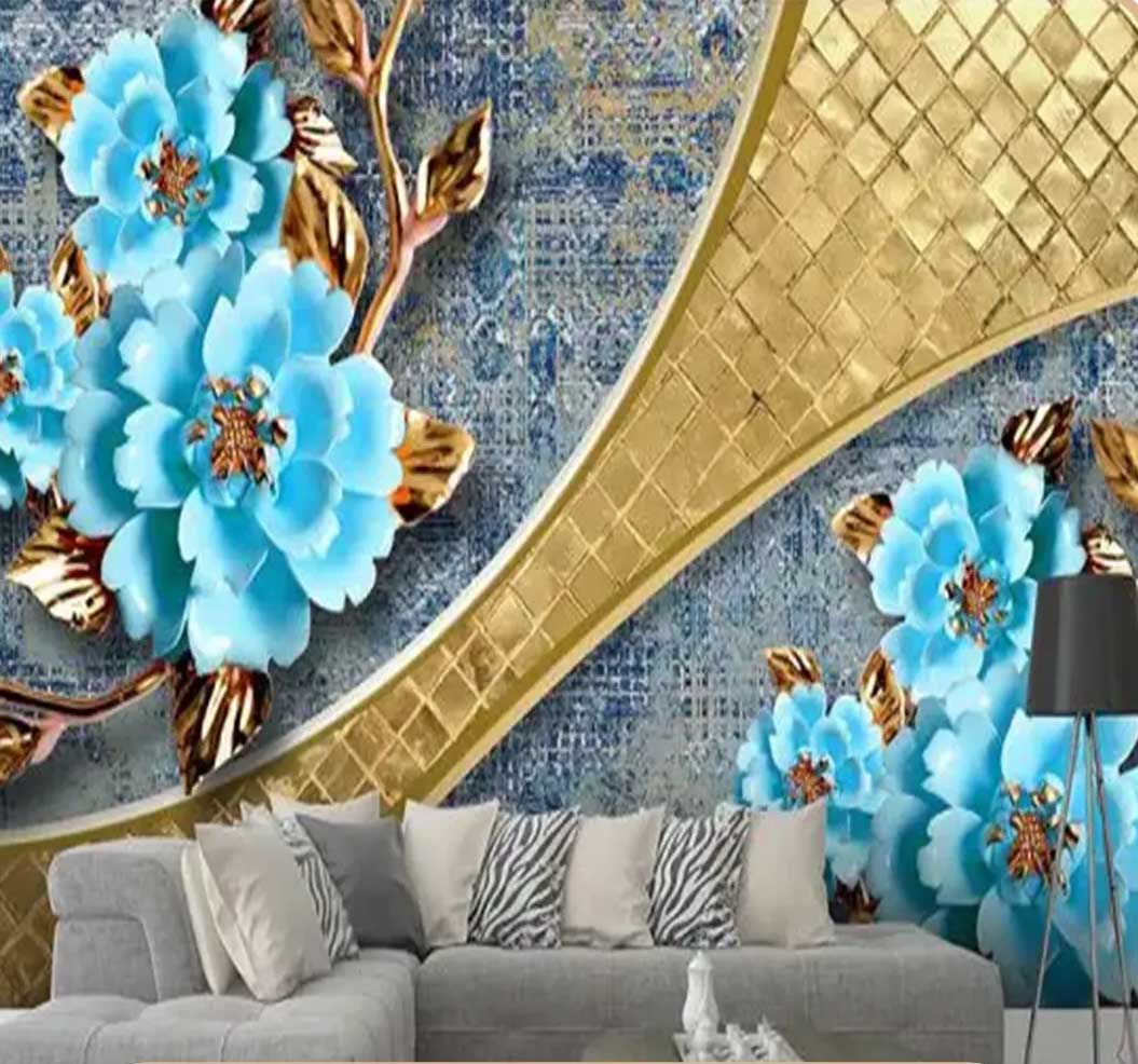 پوستردیواری لاکچری سه بعدی آبی طلایی کد A-3036