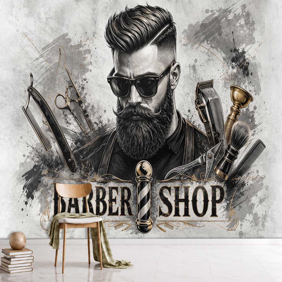 پوستر دیواری آرایشگاه مردانه طرح ریش و قیچی کلاسیک کد DA-4071 مناسب دکور باربر شاپ