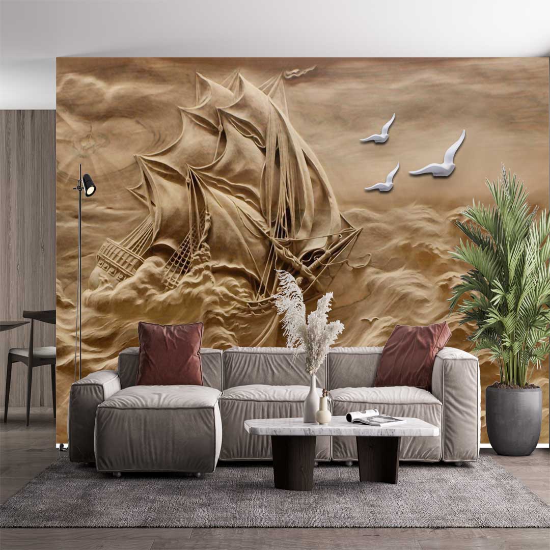 پوستر دیواری سه بعدی نقاشی  شنی کشتی t3323