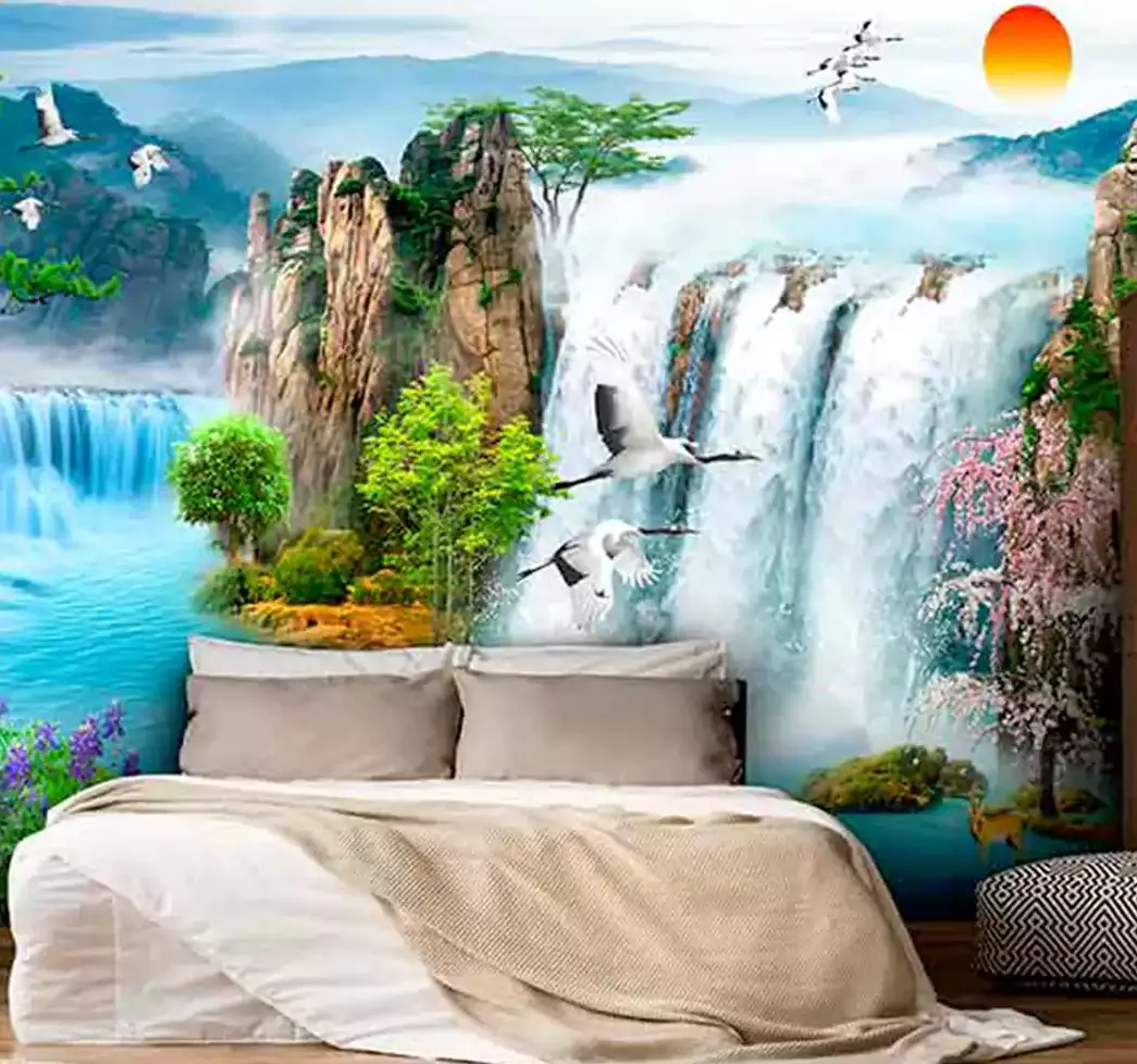 پوستر دیواری منظره آبشار و پرندگان کد n-7702